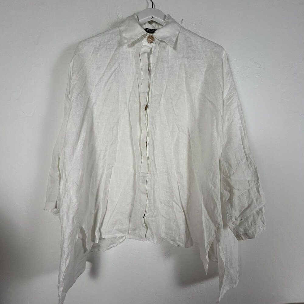 Sylvie Women's Linen Button Front 3/4 Sleeve Collared Casual Blouse White